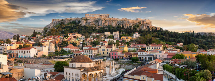 vue sur la vieille ville et le temple du Parthénon de l'Acropole, Athènes, Grèce